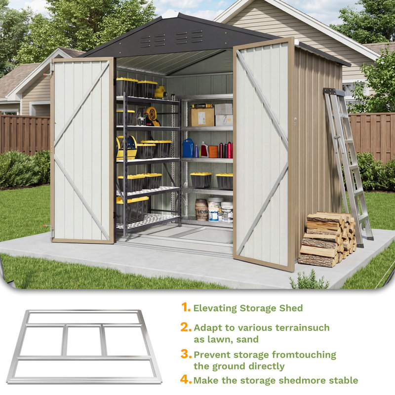 6 Ft. W X 4 Ft. D Metal Storage Shed With Floor Frame, Brown, Brown