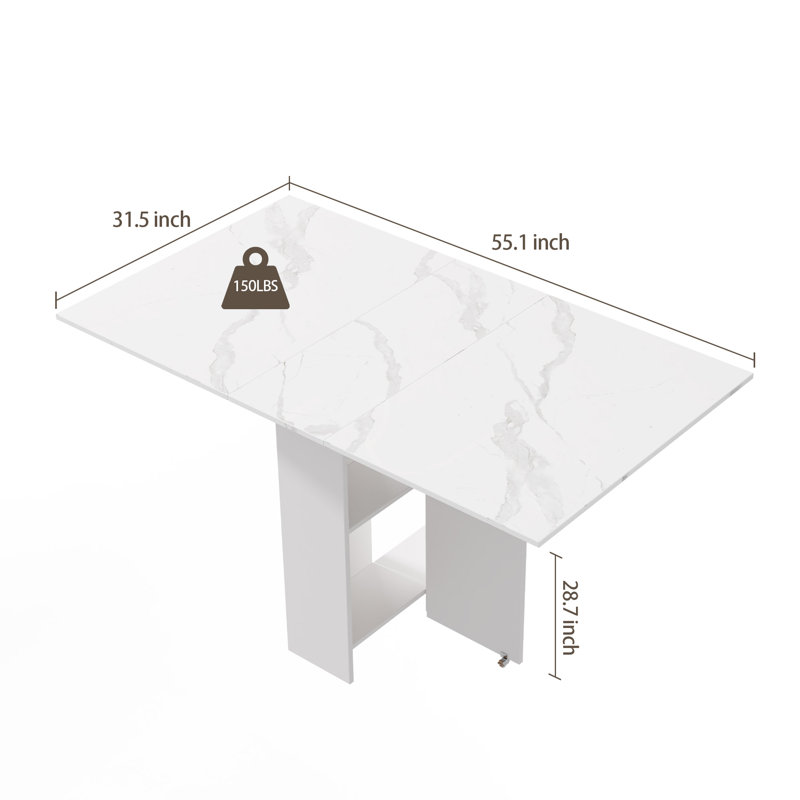 55" Large Folding Dining Table On Locking Wheels With Storage (White)