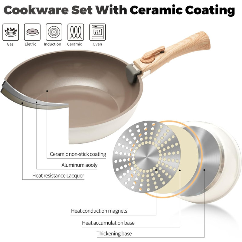 Pots And Pans Set Non Stick, Taupe Pots And Pans Set, 13PCS Aluminium Oven Safe Cookware Set, PTFE/PFAS/PFOA Free, Non Stick Pots And Pan Set Detachable Handle