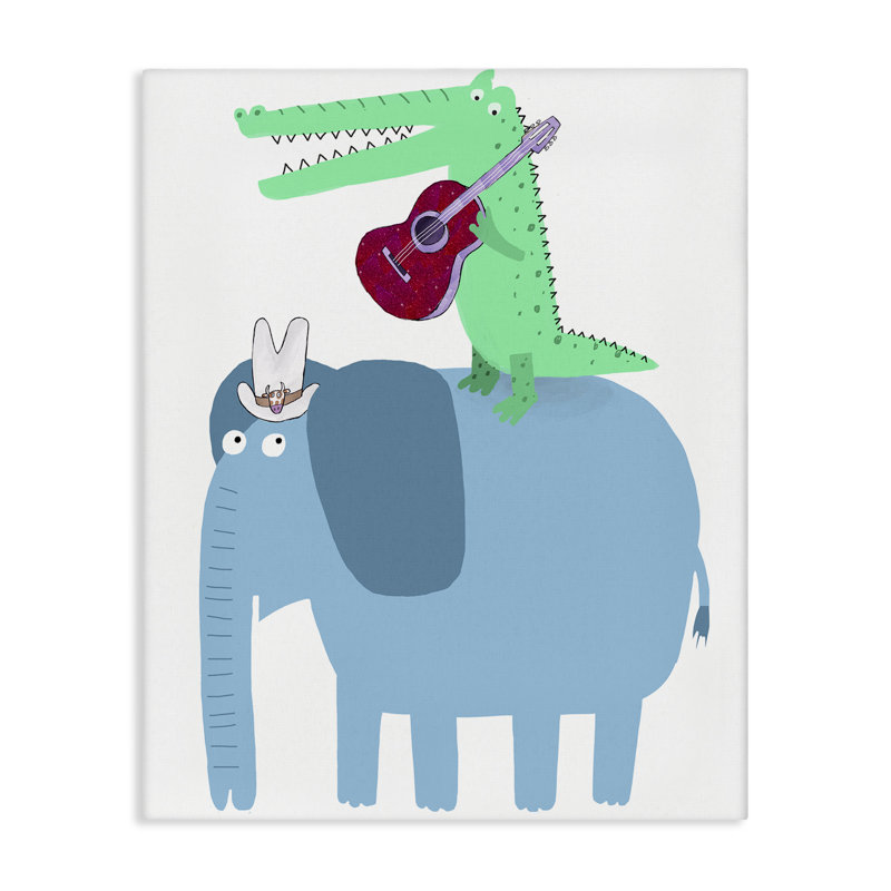 Éléphant et alligator avec guitare acoustique, art par Carla Daly, H 48 po x l 36 po