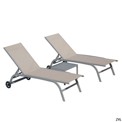 Chaise Lounge Outdoor Set Of 3, Lounge Chairs For Outside With Wheels, Outdoor Lounge Chairs With 5 Adjustable Position, Pool Lounge Chairs For Patio, Beach(2 Lounge Chairs+1 Table)