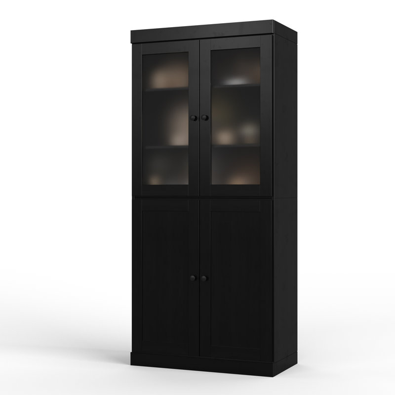 Garde-manger 100% bois massif 32 po avec verre givré, portes Shaker et tablettes réglables, Noir