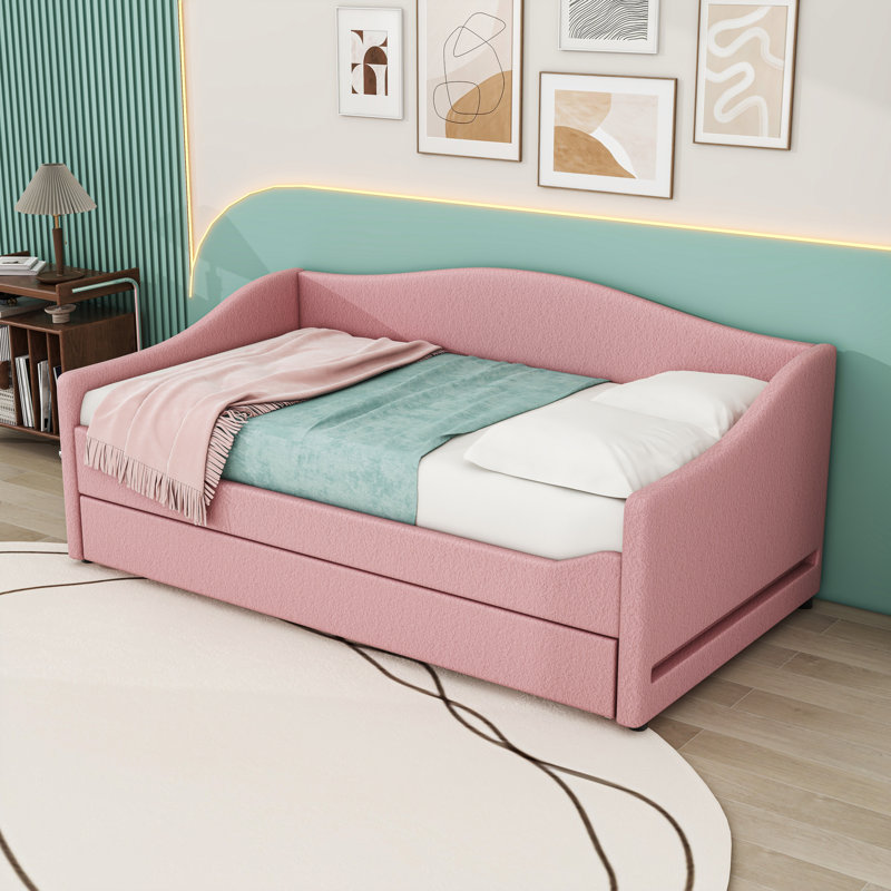 Upholstered Daybed with Light and Trundle, Twin, Pink