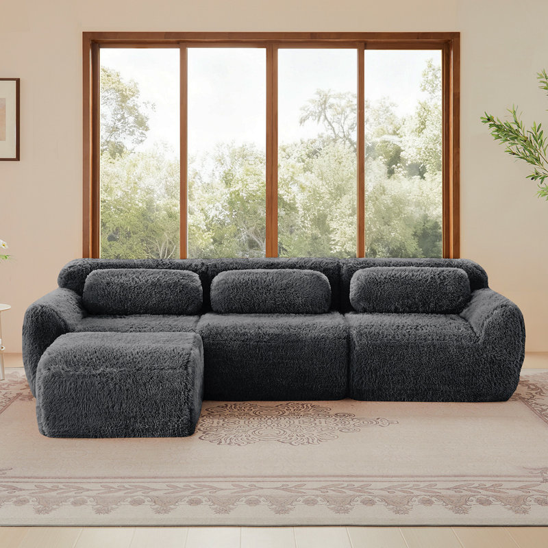 Tissu en forme de L, moelleux et moelleux, canapé sans os, avec coussins décoratifs, éponge haute densité 32D, aucun assemblage requis, connexion par boucle antidérapante, repose-pieds mobile pour le salon, gris foncé