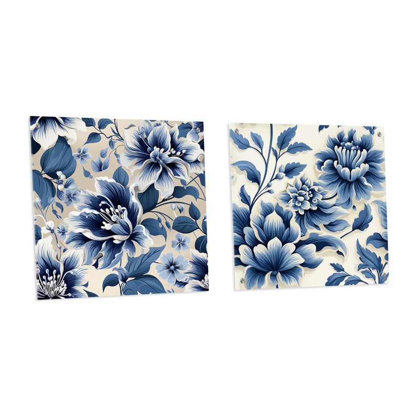 «Blue Maritime Flower Damask Serenity», ensemble de 2 peintures murales abstraites en acrylique, H 30 po x l 61 po