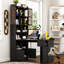 Bureau de travail en coin noir avec rangement intégré en L, table de travail multifonctionnelle avec tiroirs et bibliothèque-2131438095