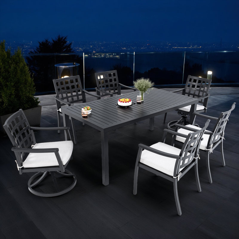 Ensemble de salle à manger d'extérieur 7 pièces Modern - Table rectangulaire de 67 po avec 4 chaises et 2 chaises pivotantes - Aluminium noir texturé et coussins Sunbrella