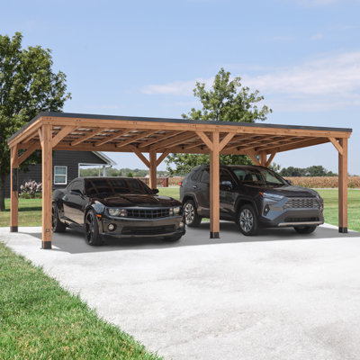 Backyard Discovery Arcadia 24' x 12' Cedar Wood Outdoor Patio Gazebo with Hardtop Galvanized Steel Slope Roof and PowerPort