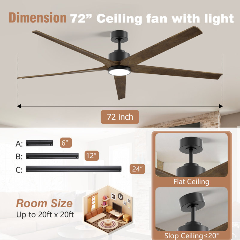 60/72 Inch Ceiling Fan With Lights, Modern Solid Wood Blades Ceiling Fan For Patios, Modern High Cfm Farmhouse Rustic Ceiling Fans, 6 Speed Quiet Reversible Dc Motor, Perfect For Kitchen, Bedroom, Living Room, Patio, Balcony