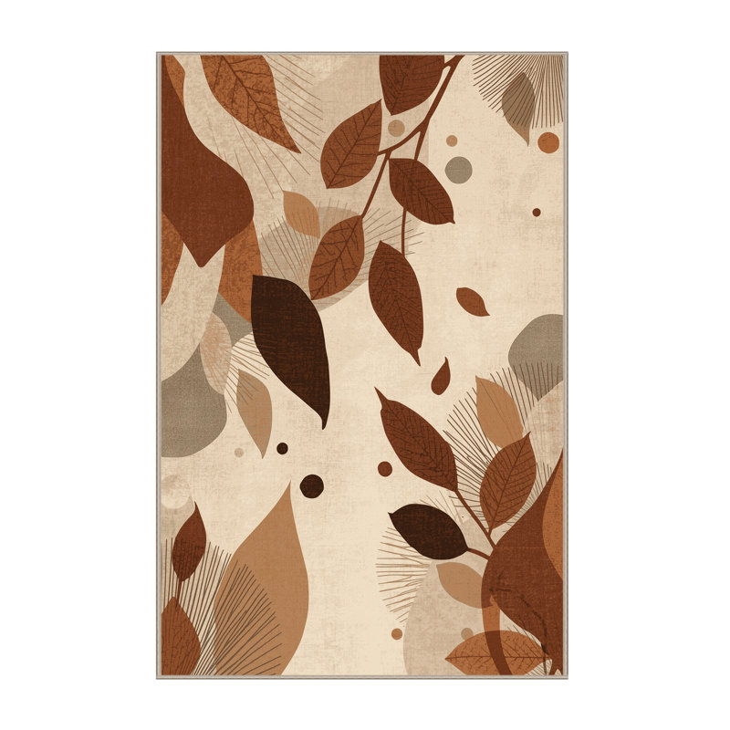 Tapis beige rustique abstrait à motif de feuilles d'automne lavables à la machine - Reliure beige, 5 x 8