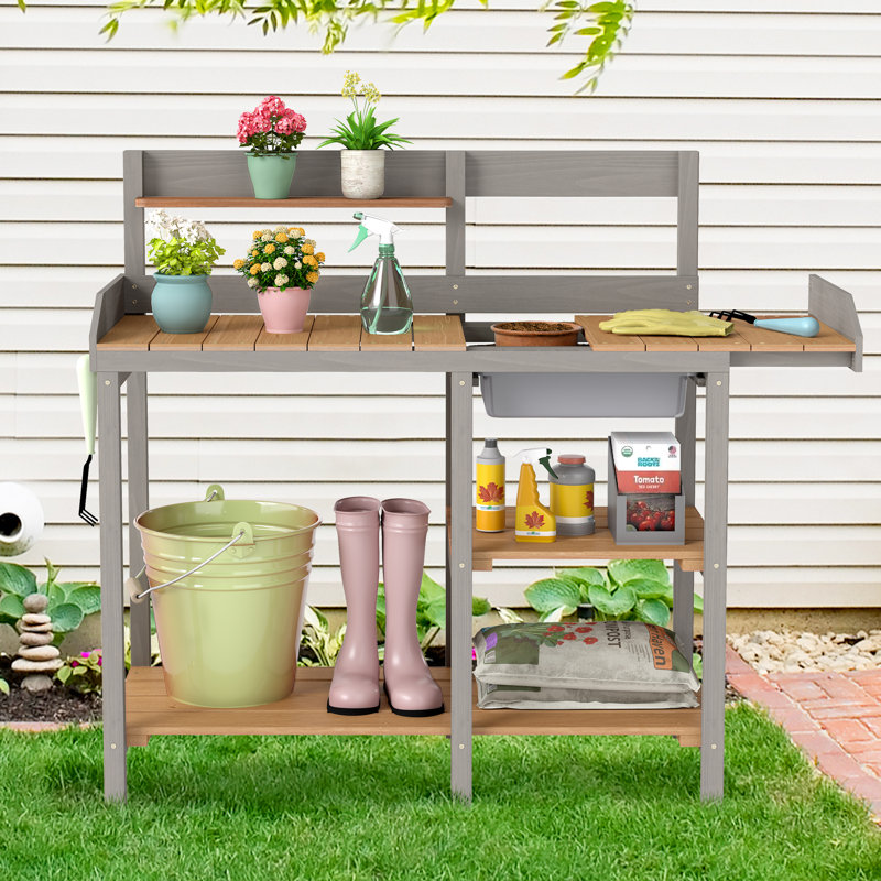 Wooden Outdoor Potting Bench with Sink, Garden Workstation Table with Open Shelves for Patio, Backyard & Garden