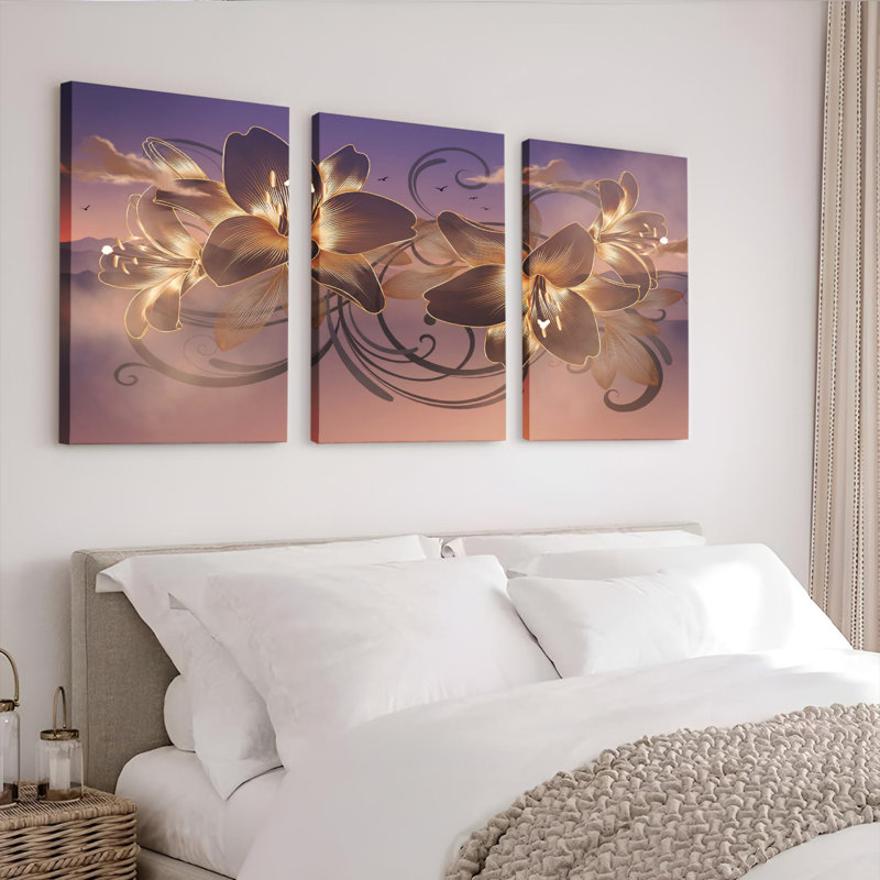 Ensemble de 3 tableaux muraux sur toile représentant des orchidées dorées, parfaits pour la décoration du salon et de la chambre.
