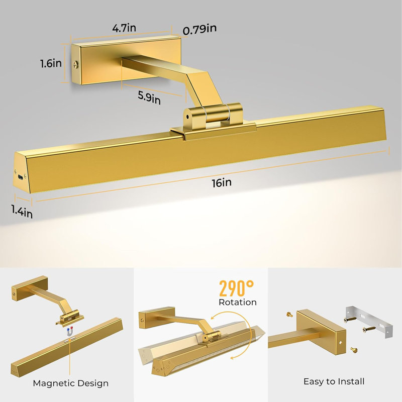1 - Light Battery Operated Dimmable LED Wall Mounted Picture Light with Remote, 10.2cm H x 40.6cm W x 18.8cm D, Gold