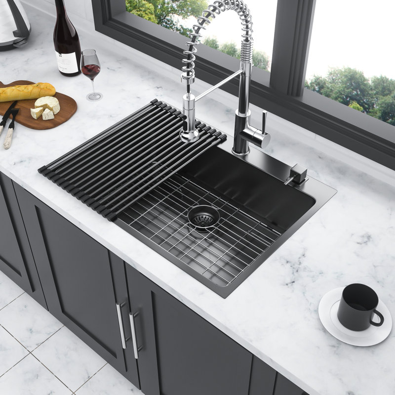 30X22 Inch Kitchen Sink, Gunmetal Black Stainless Steel 16 Gauge, 30" Drop In, Scratch Coating, Quality In Black, Soundproof Padding, Complete Accessories
