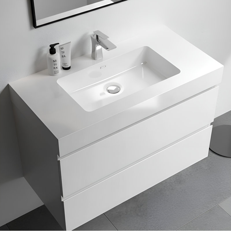 Meuble-lavabo simple 36 po avec surface solide et trop-plein, 36 po, pré-assemblé, Blanc lustré, 36", Blanc