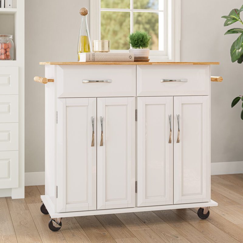 Pinkston 48" Wood Kitchen Cart On Wheels Cabinet Storage Cart Island Heavy Duty Storage Rolling Trolley, White
