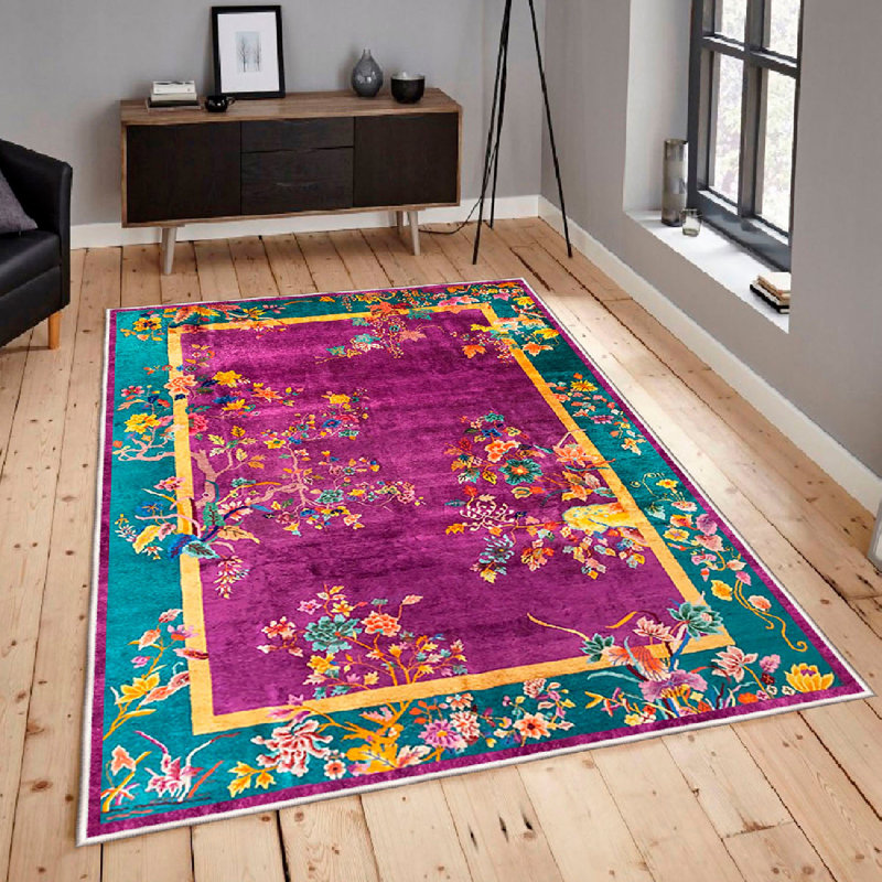 Wencil Non-Slip Cotton Area Rug (5.2 x 7.5 ft), Fuchsia & Yellow, 100% Cotton, 1.0 in Pile Height | Antibacterial, Machine Washable, PVC Underside, Durable Design for Living Room & Bedroom | Easy Care, Stylish Home Décor