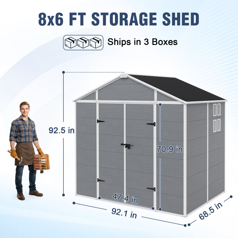 Remise de rangement extérieure en plastique 8 x 6 pi pour jardin, grande remise en résine avec plancher, porte verrouillable et évent