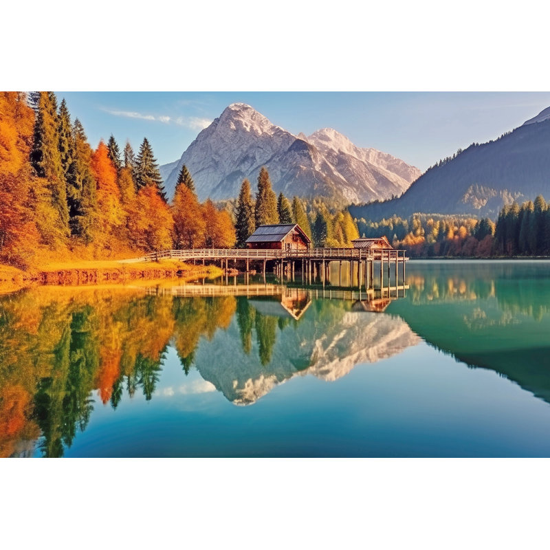 «Cabin Reflections by the Lake», art mural sur toile tendue, H 16 po x l 24 po