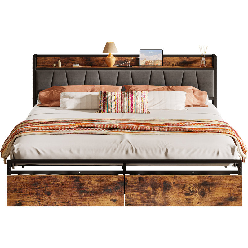 California King Size Bed Frame with Vintage Brown Wood and Gray Upholstered Headboard, USB Charging, 2 Storage Drawers, Spring-Free & Easy Assembly