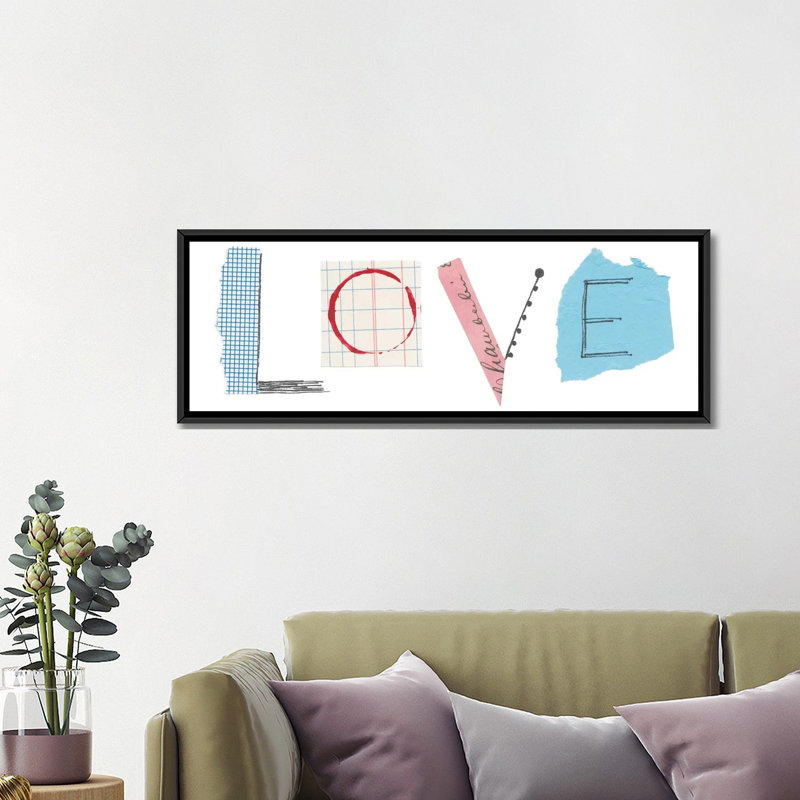 «Love», art textuel sur toile, H 12 po x l 36 po x P 1,5 po, Cadre noir