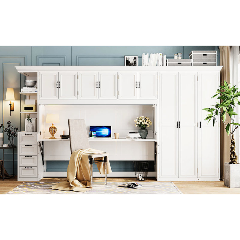Lit simple simple avec bureau et nombreux casiers de rangement - Petits espaces blancs avec tiroirs ouverts
