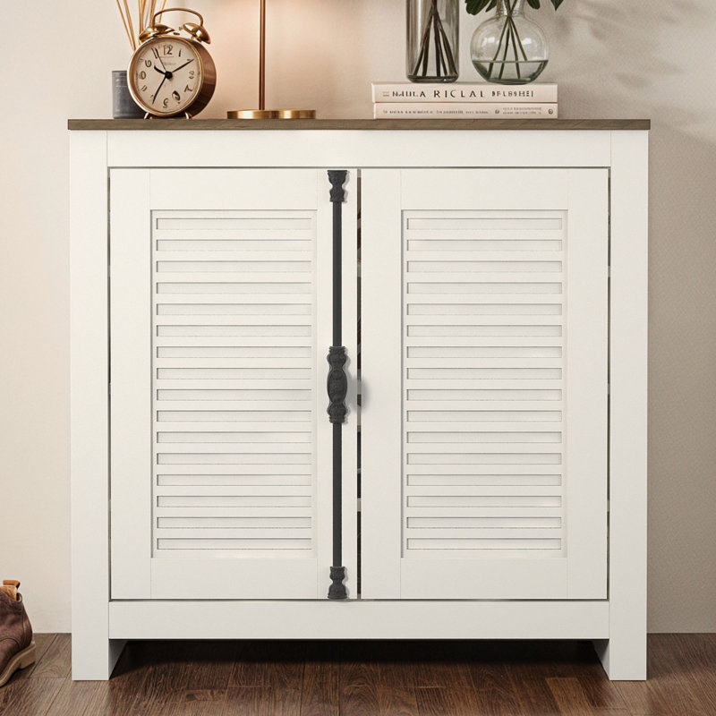 Malyha Louvered 12 Pairs Shoe Cabinet with Shelves, Ivory/Knotty Oak
