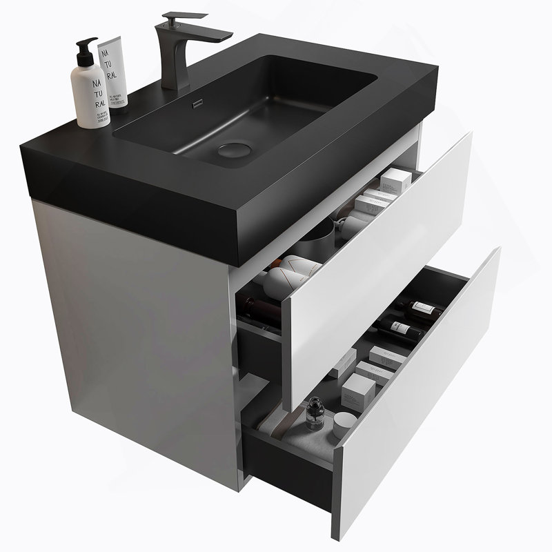 Meuble-lavabo mural flottant avec lavabo et rangement spacieux, Blanc, 30", Noir