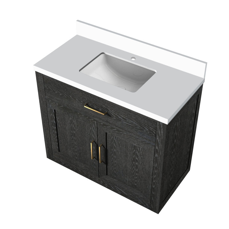 Meuble-lavabo en chêne noir 36 po x 22 po avec plateau en quartz blanc - structure en bois massif