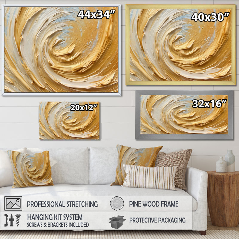 «Gold Cream Infinite Swirls II - Abstract Spirals», reproduction d'art sur toile, Cadre simple noir