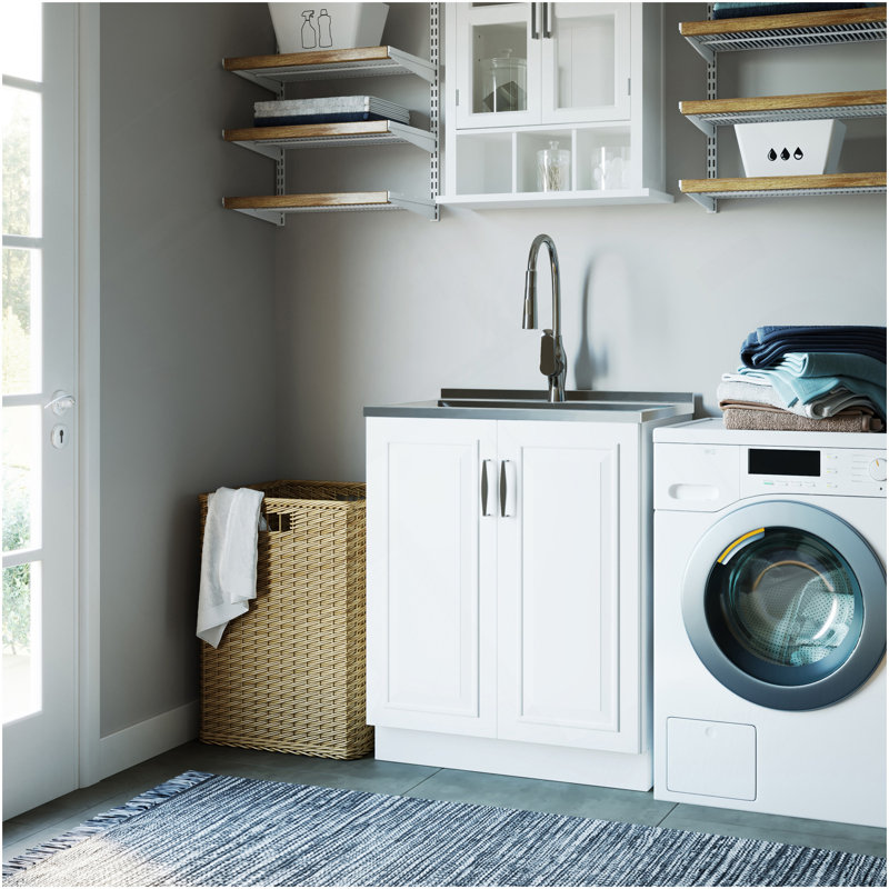 Darwin - Armoire à linge de luxe 28 po avec robinet coulissant et évier en acier inoxydable - Blanc pur