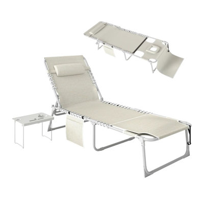 Méridienne pliante beige avec table d'appoint, fauteuil de bronzage extérieur avec trou pour le visage