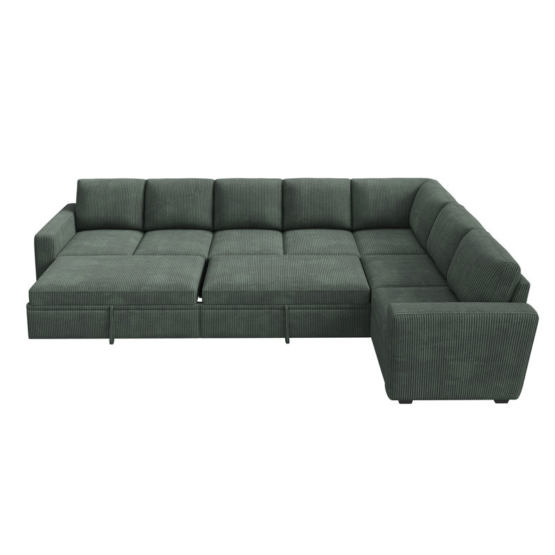 Caren L-shaped Sleeper Sectional Modular Sofa Bed With Storage Seat, Green Corduroy