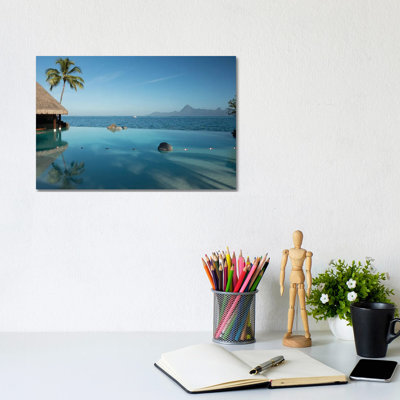 Bungalows And Palm Trees On The Coast, Bora Bora, Society Islands, French Polynesia - Wrapped Canvas Print