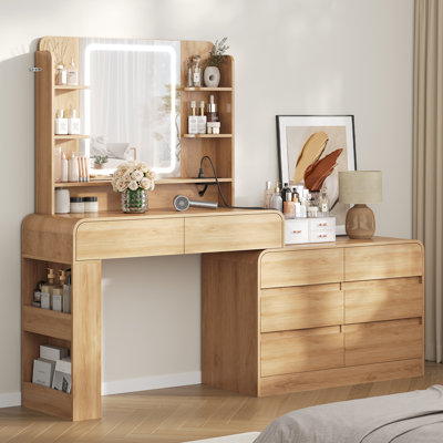 Meuble-lavabo de maquillage avec lumières miroir, 8 tiroirs, station de charge, 4 options d'aménagement flexibles, multiprise intégrée, miroir de maquillage à DEL à intensité variable 3 couleurs