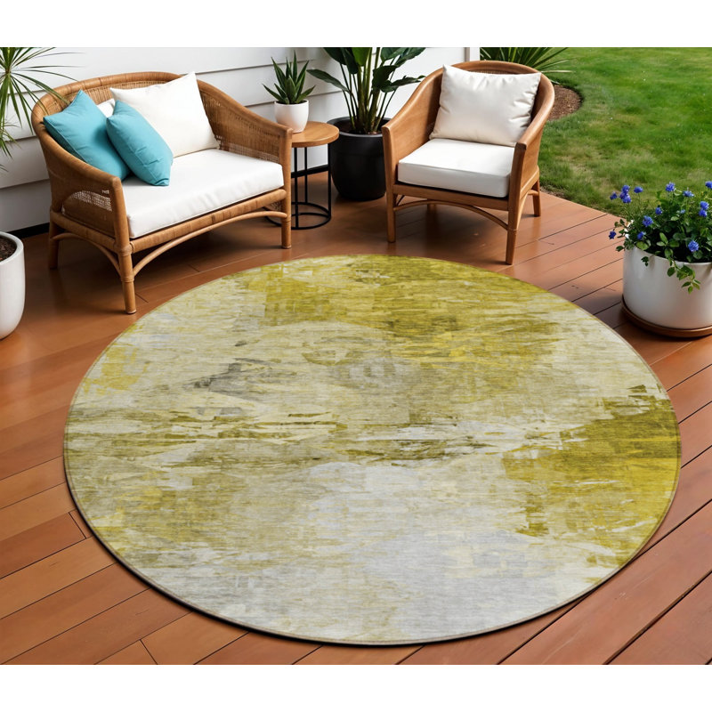 Tapis extérieur rond lavable abstrait beige et blé 8 pi Gold