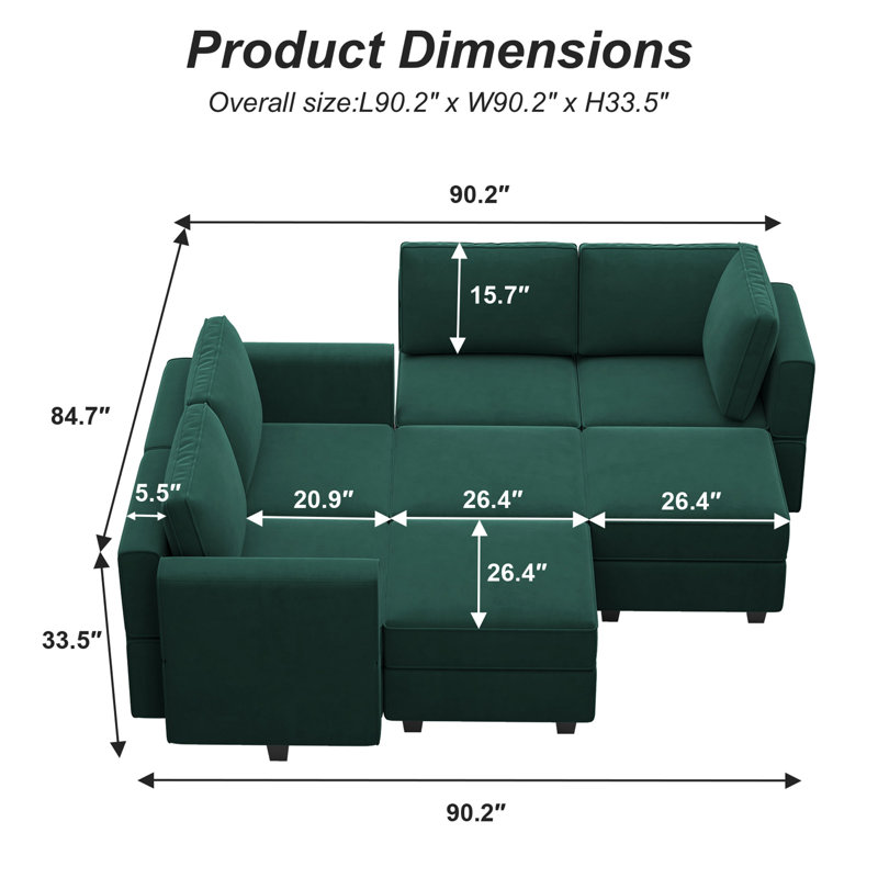 Canapé modulaire rembourré en velours avec rangement 90,2 po Teangela, Velours vert