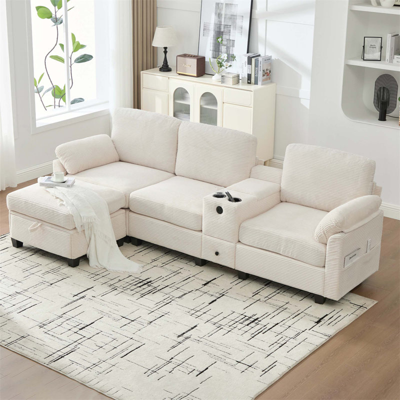 UNITED WE WIN L-type Multifunctional Corduroy Sofa with 4-seater Segmented Design, Cup Holder, USB Interface, Storage Box, Movable Console and Ottoman Style Storage Space