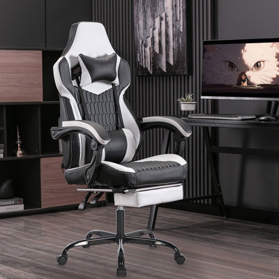 Fauteuil de jeu avec repose-pieds, chaises de jeu à haut dossier, siège de jeu ergonomique en cuir PVC, appui-tête, support lombaire, fauteuil de jeu vidéo (noir et blanc)