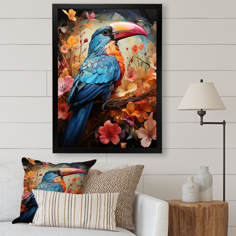 Blue Toucan Treasures - Toucan, art mural animal, Cadre photo noir, H 32 po x l 24 po x P 1 po