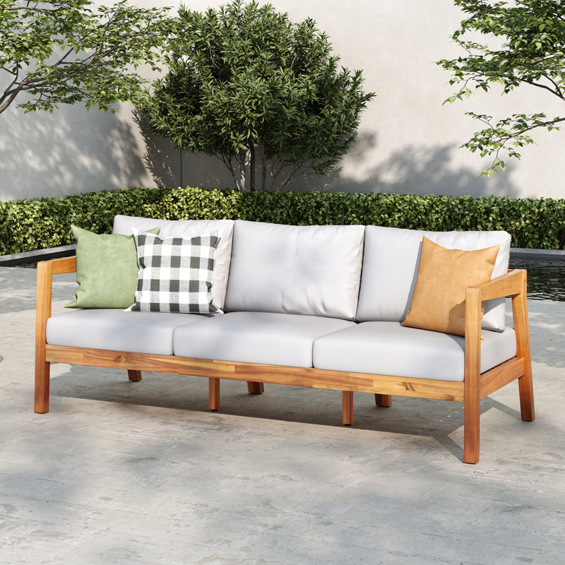 Canapé d'extérieur moderne en bois d'acacia 3 places avec coussins de 76,38 po de largeur Ugarte, Gris clair