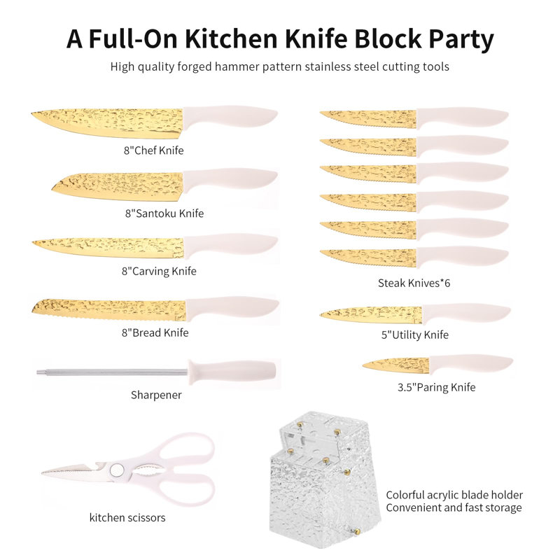 15Pcs Kitchen Knife Set Non Stick Knives Set with Block Cutlery Knife Block Sets