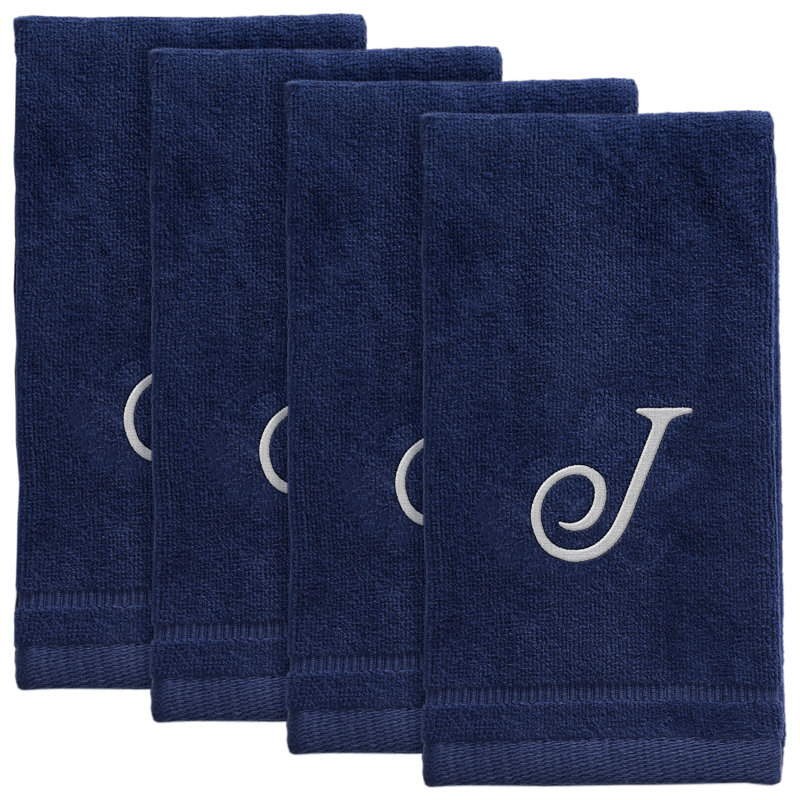 Set of 4 Navy Blue Monogrammed Towel - White Embroidered, J