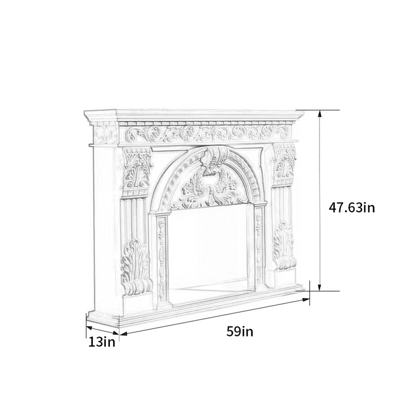 European-style carved mantel, 47.63" H x 59" W x 13" D, Brown
