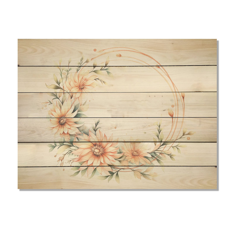 «Chrysanthemums Charm Leaves On The Branch», art mural sur bois de pin naturel, H 24 po x l 32 po