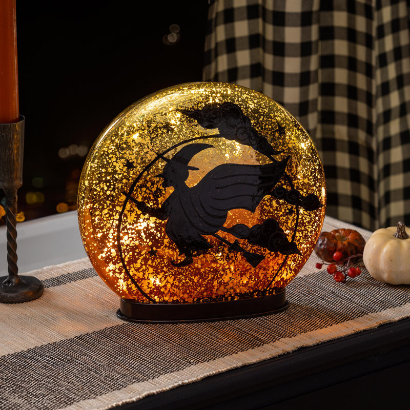 Witch on Broom LED Crackle Glass Table decor, 9.75"H