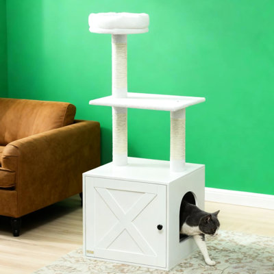 Arbre à chat avec bac à litière, blanc, espace, escalade à plusieurs niveaux, grattage, boîte blanche à assemblage unique, conception d'espace, plateformes, lit, poteaux, facile à assembler