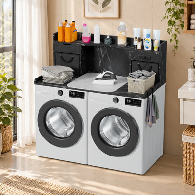55.1" Wide Washer Dryer Wood Countertop with Storage Shelf, Drawer, Built-In Outlets, Fabric Storage Bins & Side Hooks, Non-Slip Pads, Laundry Room Organizer