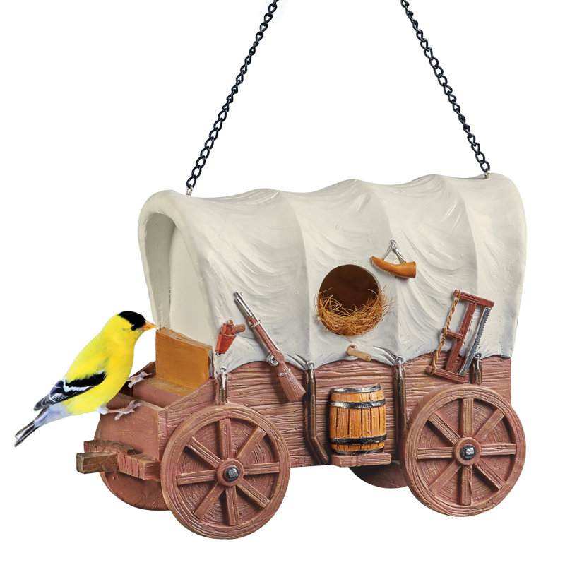Hand-Painted Brown Resin Covered Wagon Hanging Birdhouse