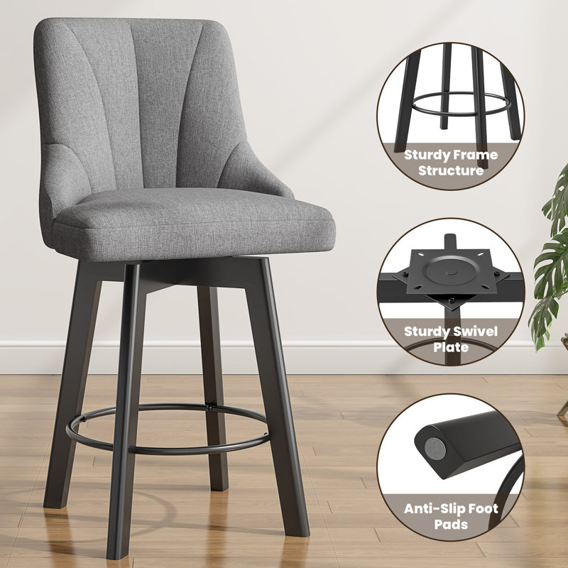 Dark Gray Fabric Upholstered Swivel Counter Stools with Wood Legs, Set of 2